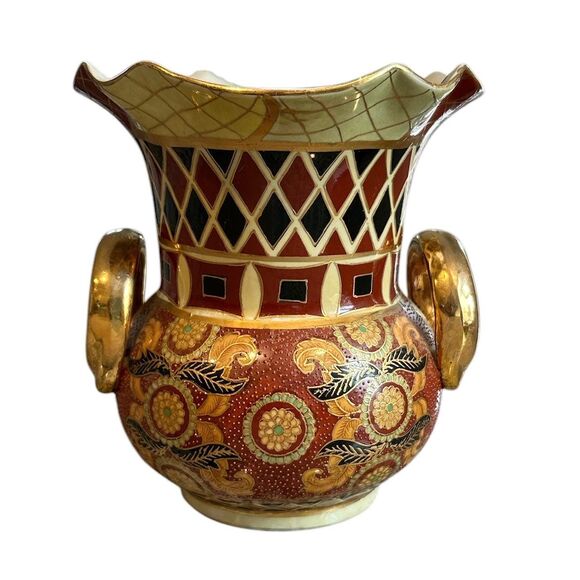 Vintage Hand Painted with 10k Gold Ceramic Handled Jug Vase